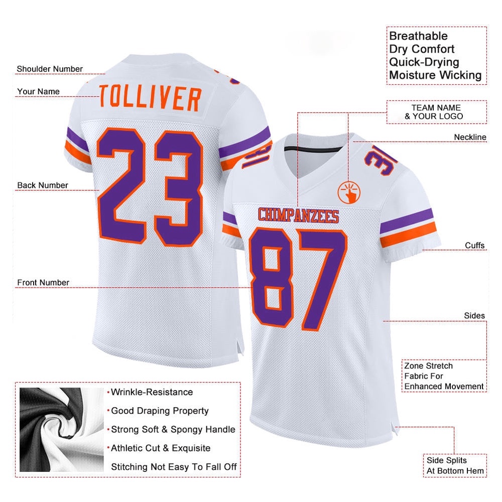 White Purple Orange Mesh Authentic Football Jersey, Personalized Football Jersey, Football Team Jersey, Football Outfits