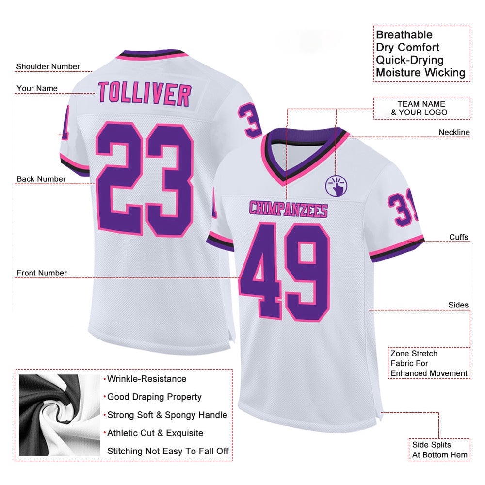 White Purple Pink Black Mesh Authentic Throwback Football Jersey, Personalized Football Jersey, Football Team Jersey, Football Outfits
