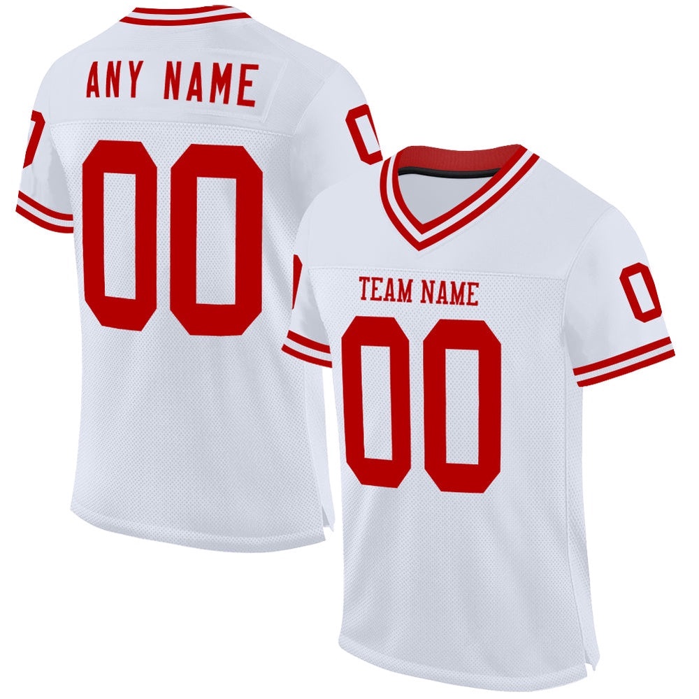 White Red Mesh Authentic Throwback Football Jersey, Personalized Football Jersey, Football Team Jersey, Football Outfits