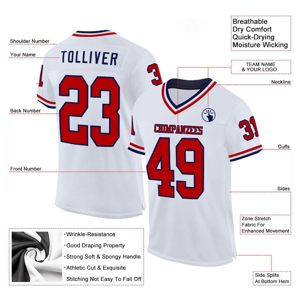 White Red Navy Mesh Authentic Throwback Football Jersey, Personalized Football Jersey, Football Team Jersey, Football Outfits