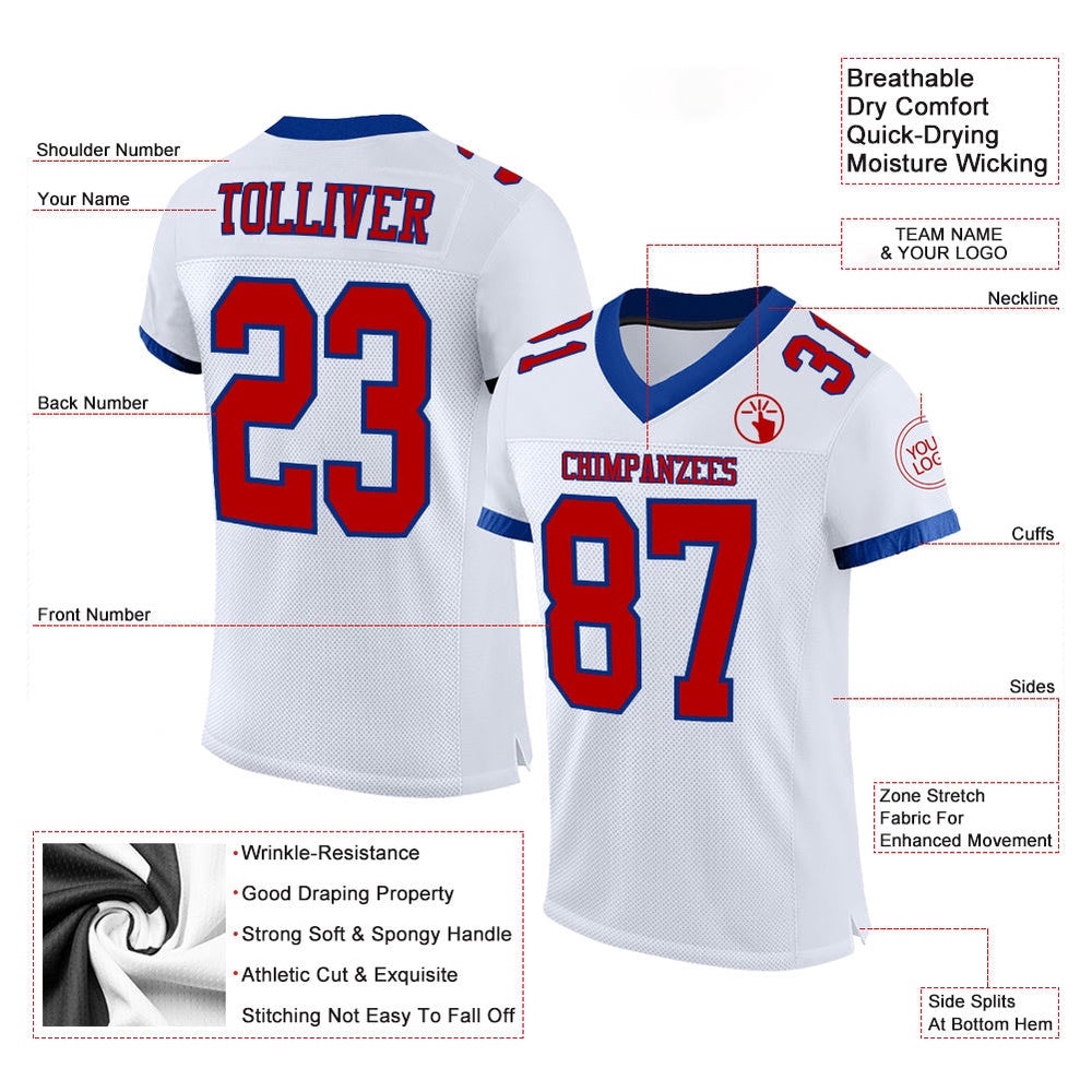 White Red Royal Mesh Authentic Football Jersey, Personalized Football Jersey, Football Team Jersey, Football Outfits