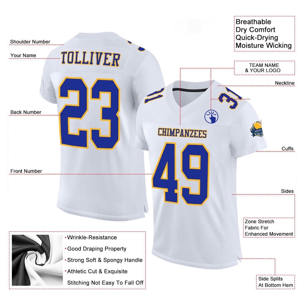 White Royal Gold Mesh Authentic Football Jersey, Personalized Football Jersey, Football Team Jersey, Football Outfits