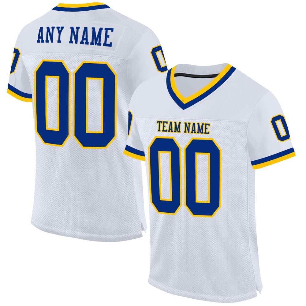White Royal Gold Mesh Authentic Throwback Football Jersey, Personalized Football Jersey, Football Team Jersey, Football Outfits