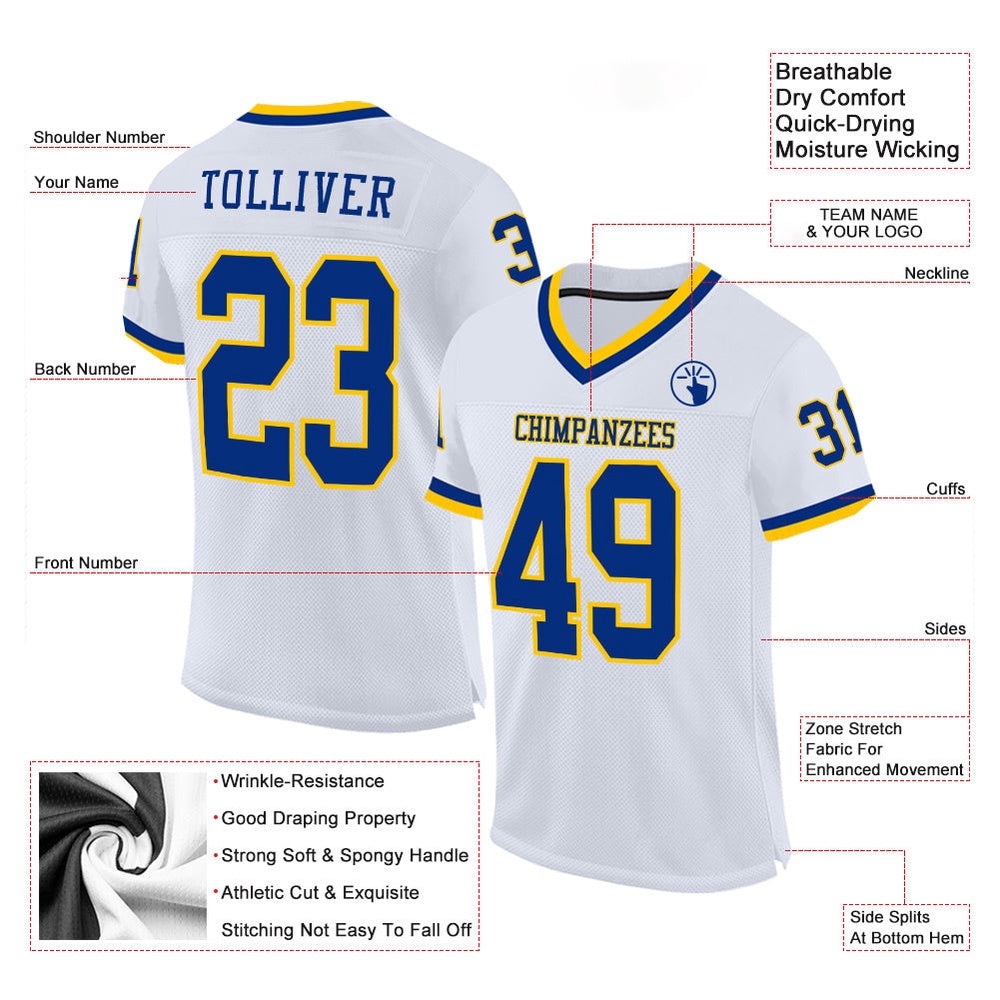 White Royal Gold Mesh Authentic Throwback Football Jersey, Personalized Football Jersey, Football Team Jersey, Football Outfits