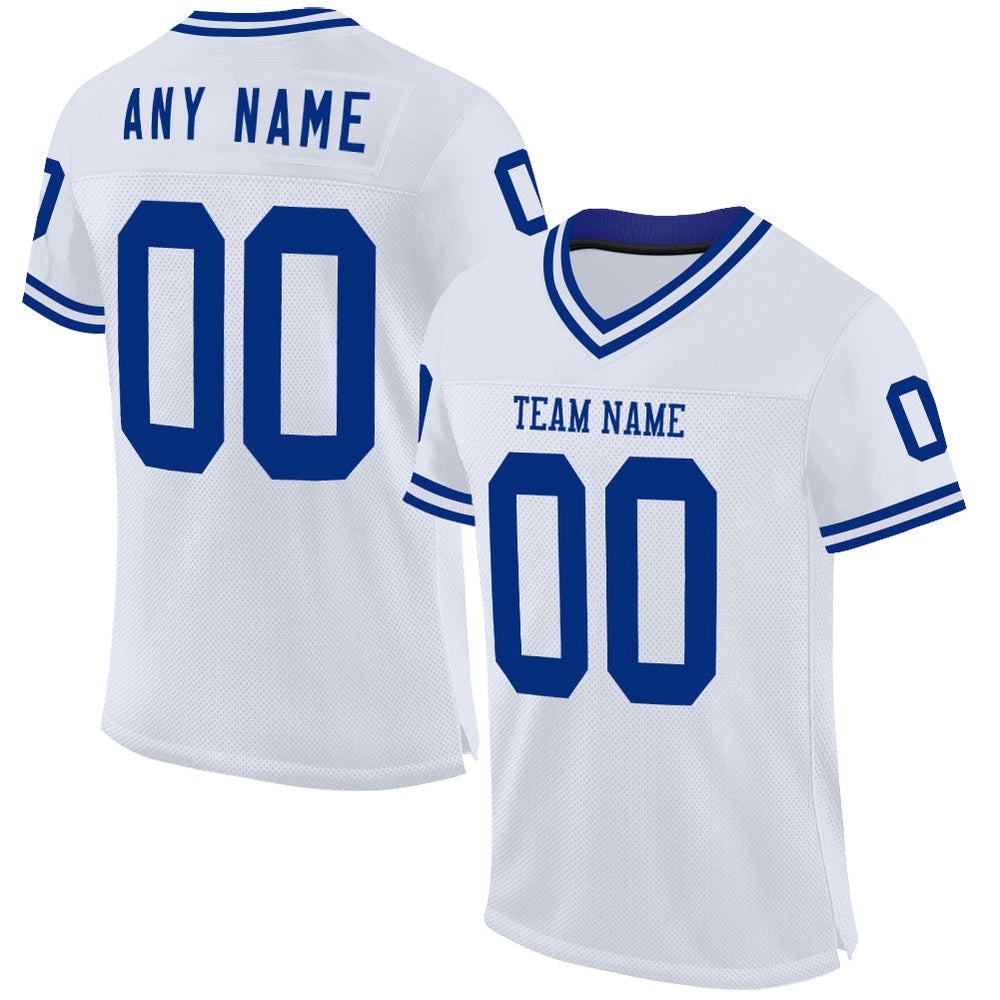 White Royal Mesh Authentic Throwback Football Jersey, Personalized Football Jersey, Football Team Jersey, Football Outfits White Royal Mesh Authentic Throwback Football Jersey, Personalized Football Jersey, Football Team Jersey, Football Outfits