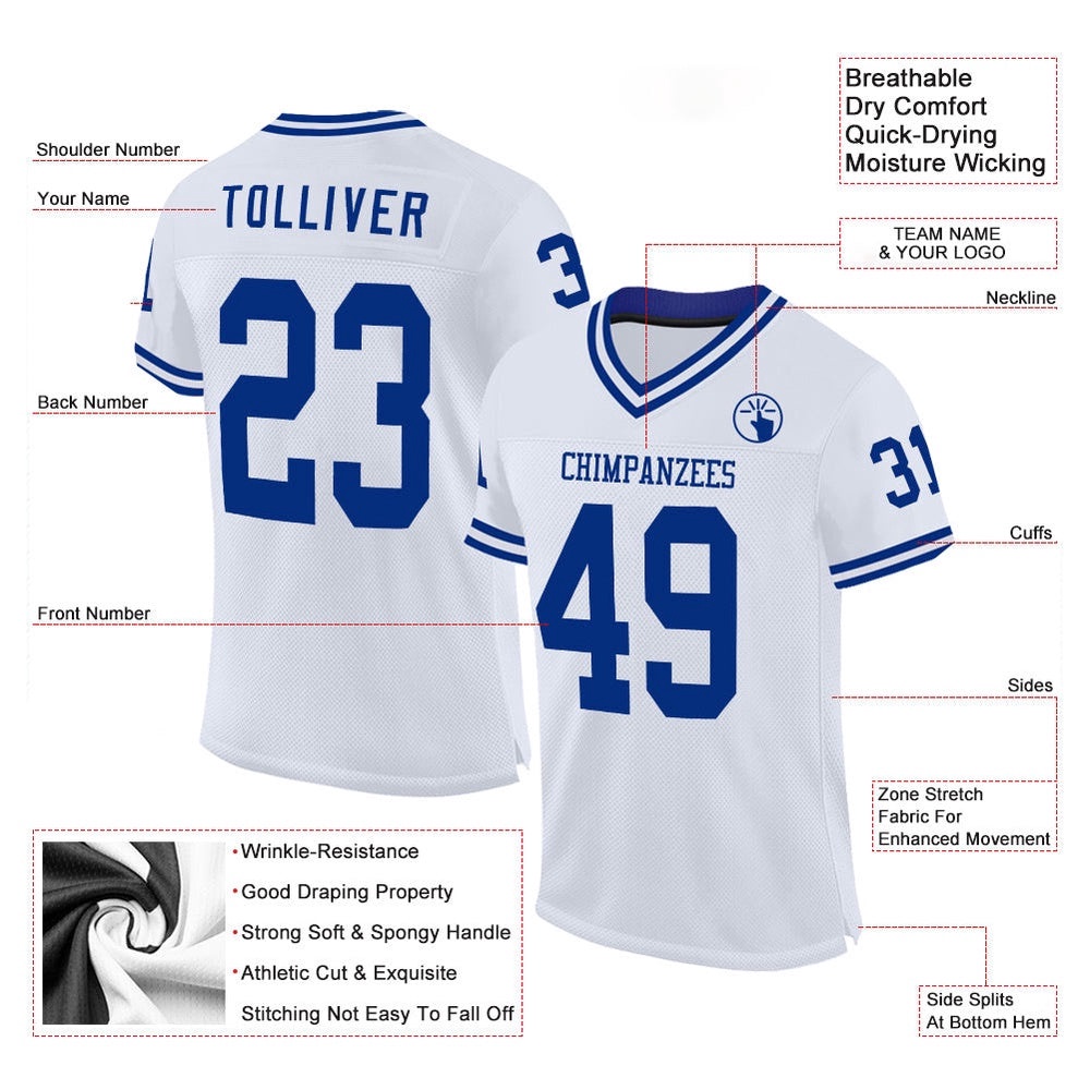 White Royal Mesh Authentic Throwback Football Jersey, Personalized Football Jersey, Football Team Jersey, Football Outfits White Royal Mesh Authentic Throwback Football Jersey, Personalized Football Jersey, Football Team Jersey, Football Outfits