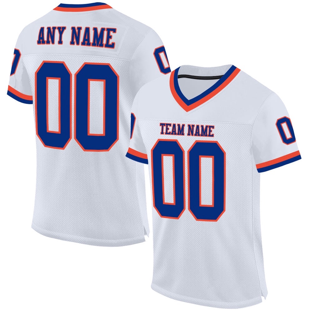 White Royal Orange Mesh Authentic Throwback Football Jersey, Personalized Football Jersey, Football Team Jersey, Football Outfits