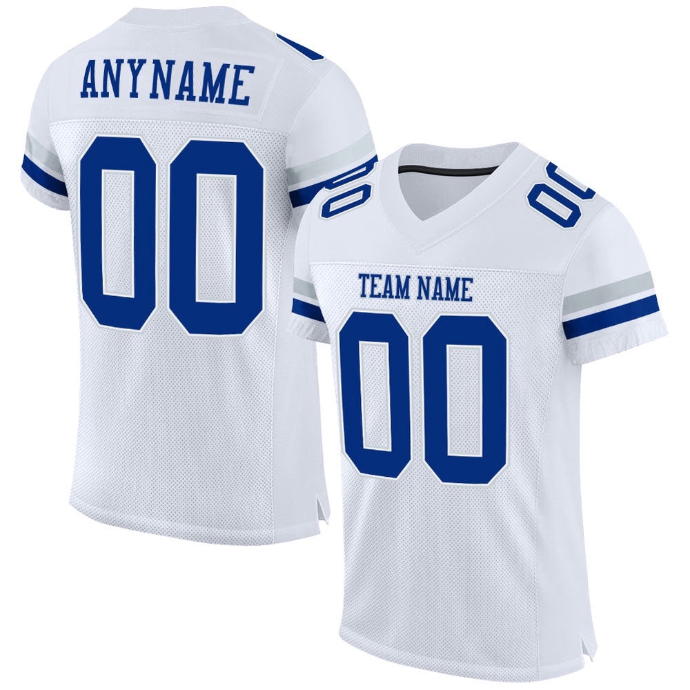 White Royal Silver Mesh Authentic Football Jersey, Personalized Football Jersey, Football Team Jersey, Football Outfits