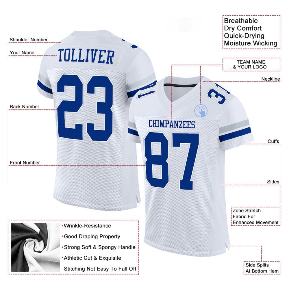 White Royal Silver Mesh Authentic Football Jersey, Personalized Football Jersey, Football Team Jersey, Football Outfits
