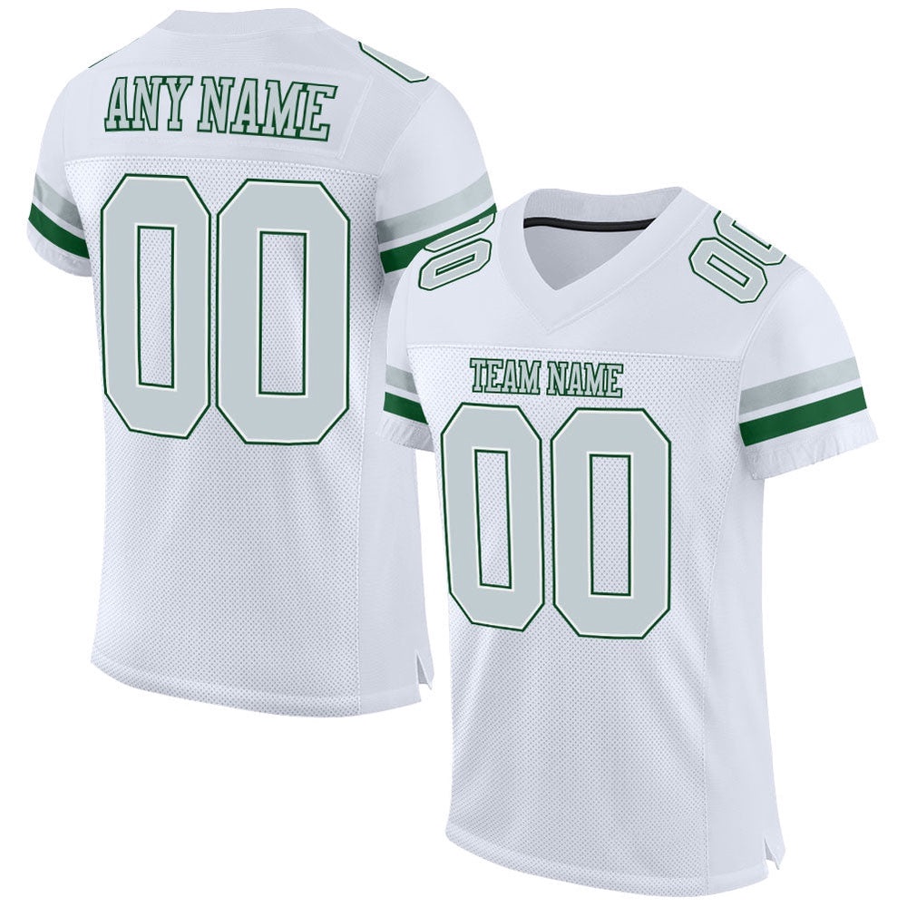 White Silver Green Mesh Authentic Football Jersey, Personalized Football Jersey, Football Team Jersey, Football Outfits