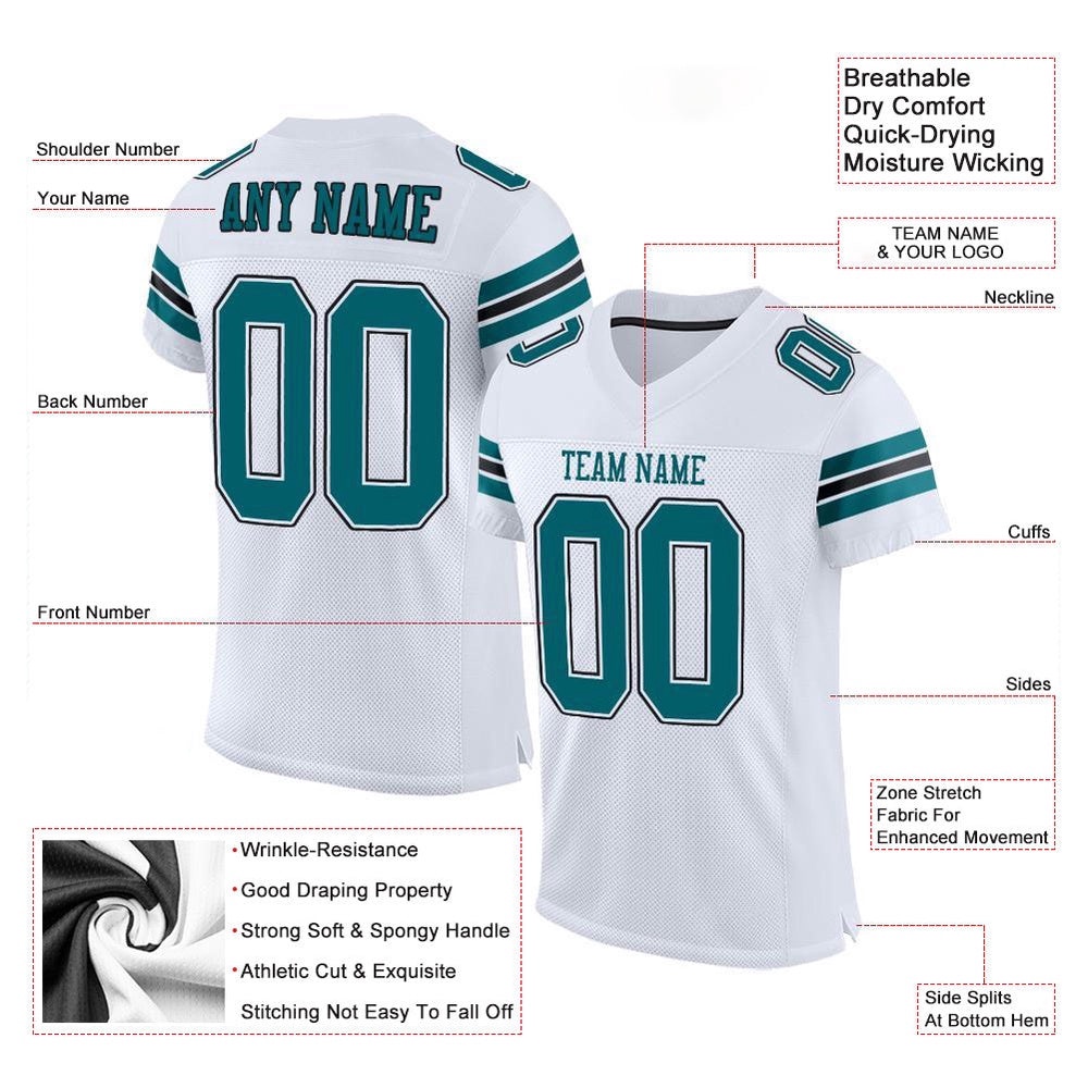 White Teal Black Mesh Authentic Football Jersey, Personalized Football Jersey, Football Team Jersey, Football Outfits