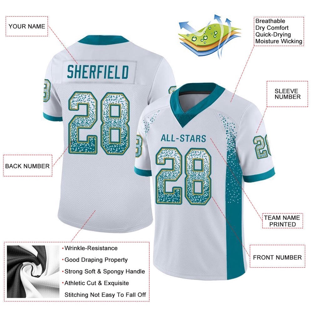 White Teal Old Gold Mesh Drift Fashion Football Jersey, Personalized Football Jersey, Football Team Jersey, Football Outfits