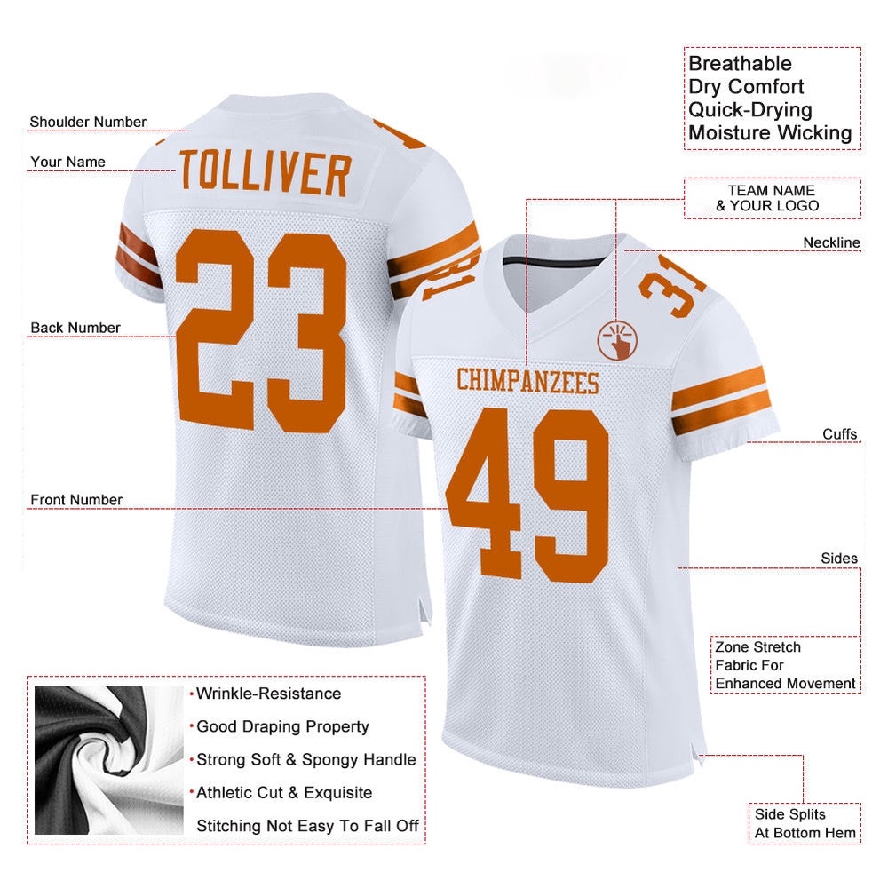 White Texas Orange Mesh Authentic Football Jersey, Personalized Football Jersey, Football Team Jersey, Football Outfits