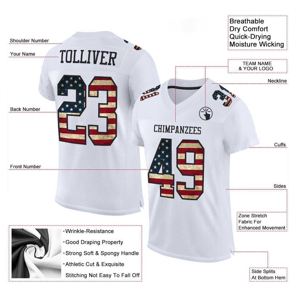 White Vintage USA Flag Black Mesh Authentic Football Jersey, Personalized Football Jersey, Football Team Jersey, Football Outfits