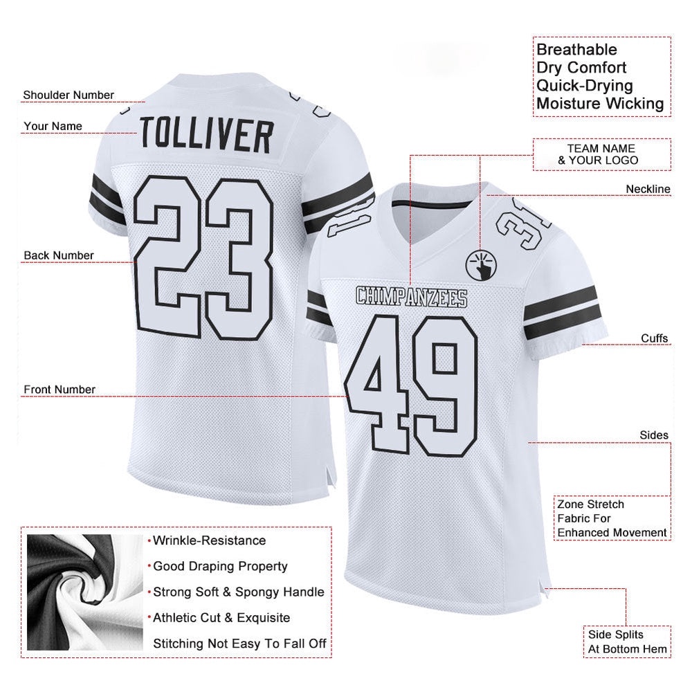 White White Black Mesh Authentic Football Jersey, Personalized Football Jersey, Football Team Jersey, Football Outfits White White Black Mesh Authentic Football Jersey, Personalized Football Jersey, Football Team Jersey, Football Outfits