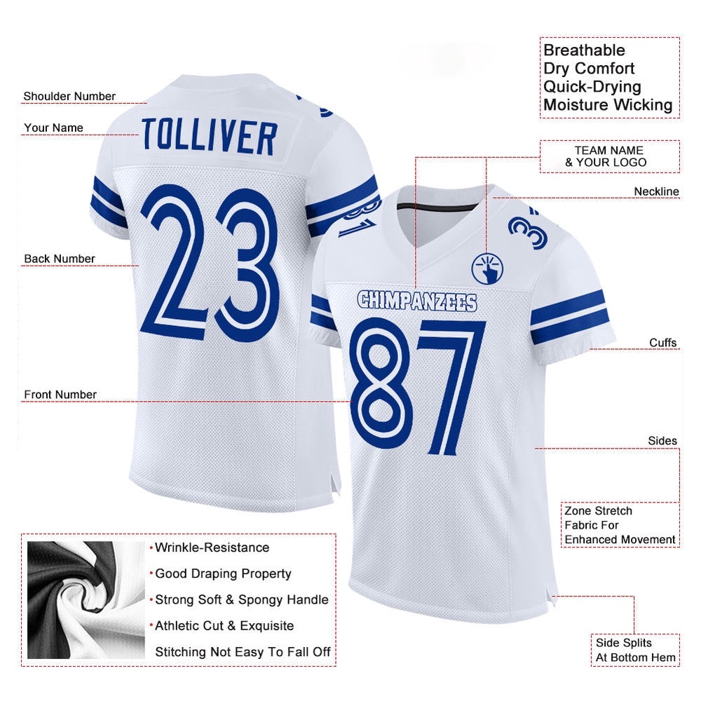 White White Royal Mesh Authentic Football Jersey, Personalized Football Jersey, Football Team Jersey, Football Outfits