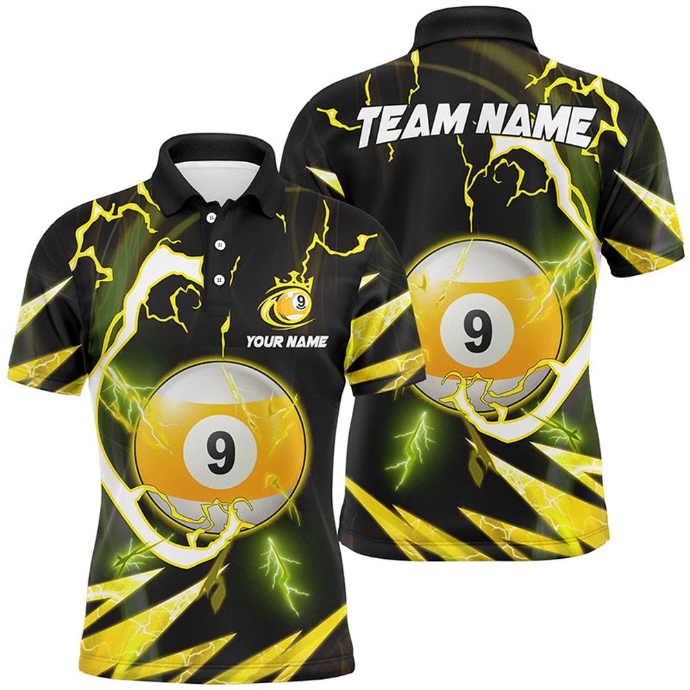 Yellow 9 Ball Pool Thunder Lightning Polo Shirts, Custom Billiards Shirts, Personalized Billiard Polo Shirt