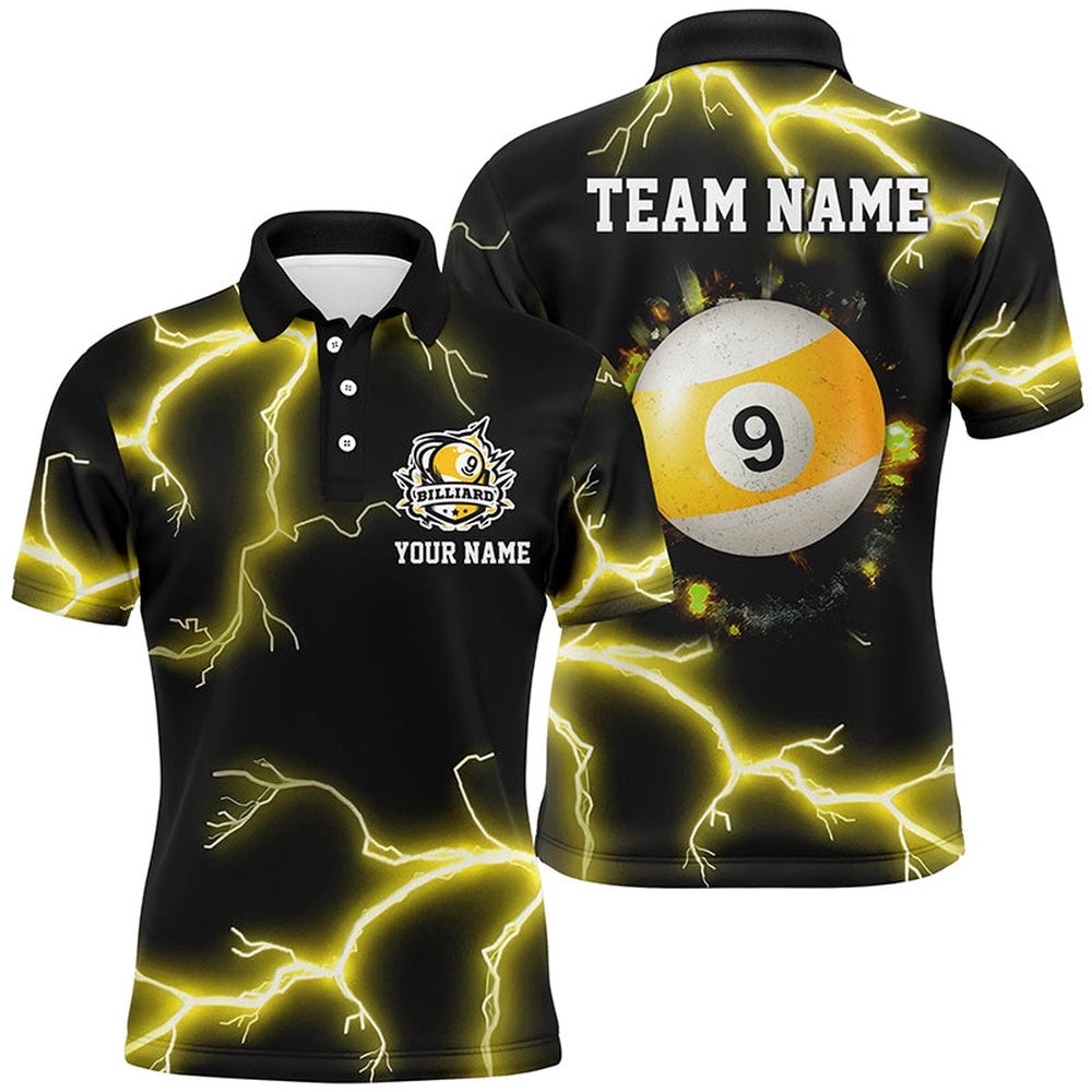 Yellow 9 Ball Pool Thunder Lightning Polo Shirts, Custom Billiards Team Shirts, Personalized Billiard Polo Shirt
