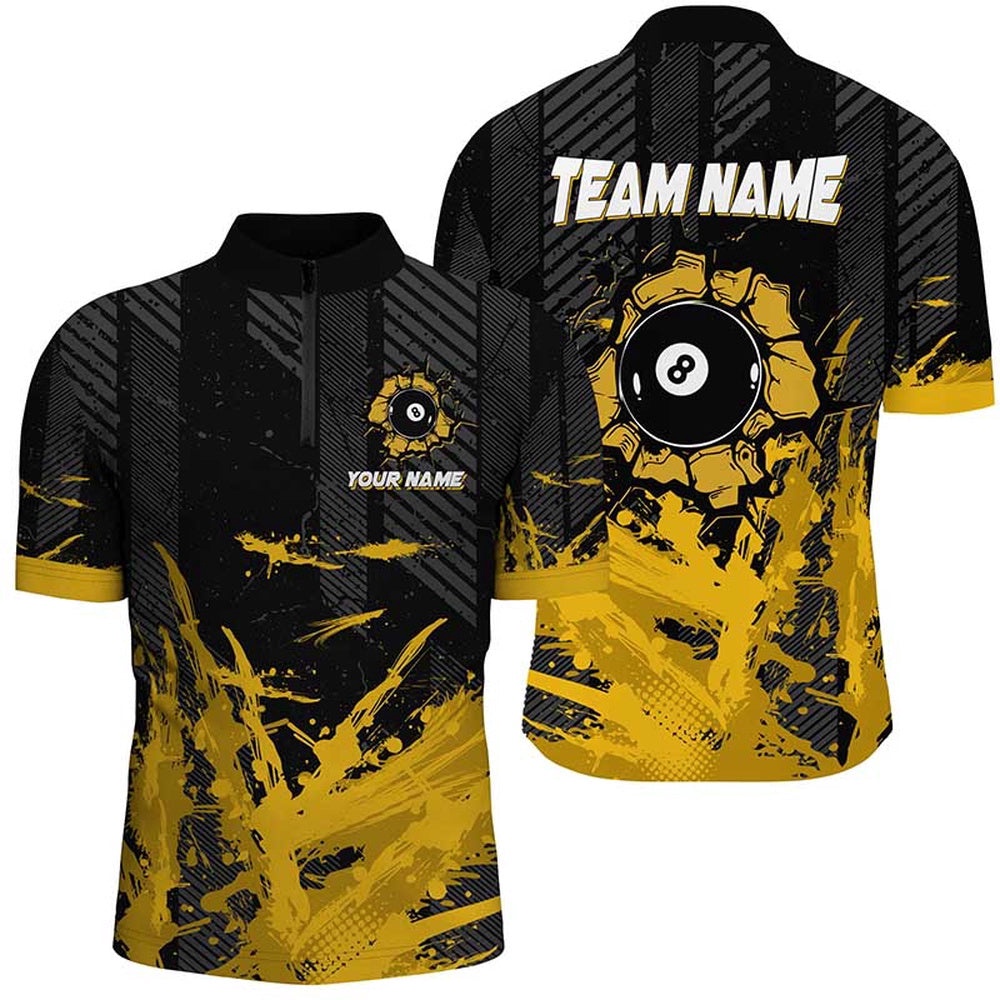 Yellow Black 8 Ball Pool Paint Billiard Shirts, Billiard Apparel Clothing, Personalized Billiard Team Jersey Shirt