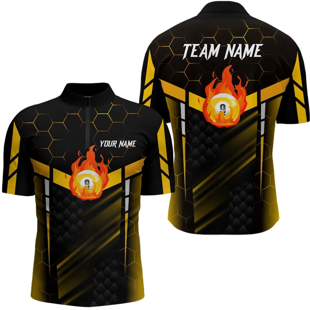 Yellow Fire 9 Ball Billiard 3D Jersey Shirts, Custom 9 Ball Pool Team Jerseys, Personalized Billiard Team Jersey Shirt