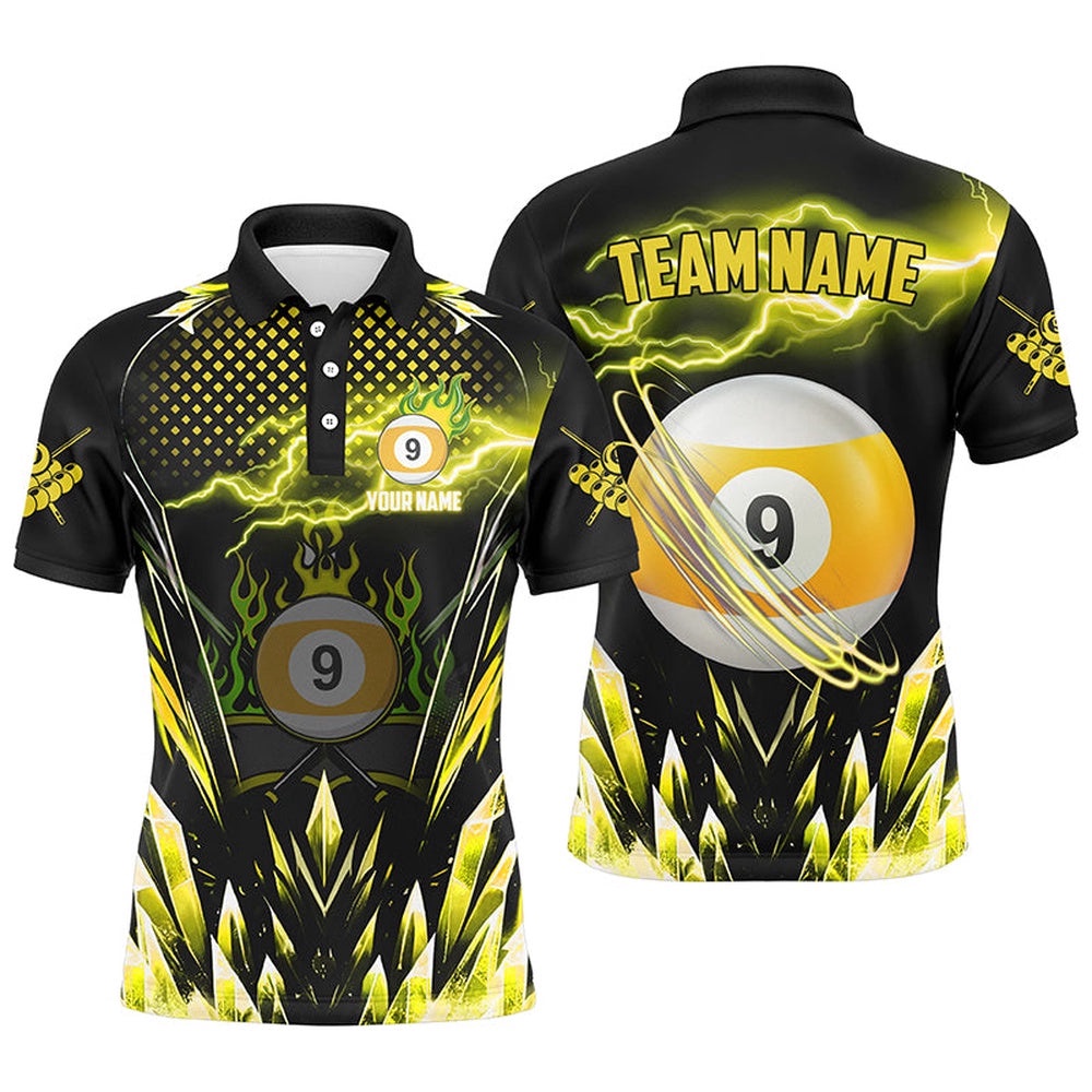 Yellow Icy Lightning 9 Ball Pool Polo Shirts Custom Billiard Team League Polo, Personalized Billiard Polo Shirt