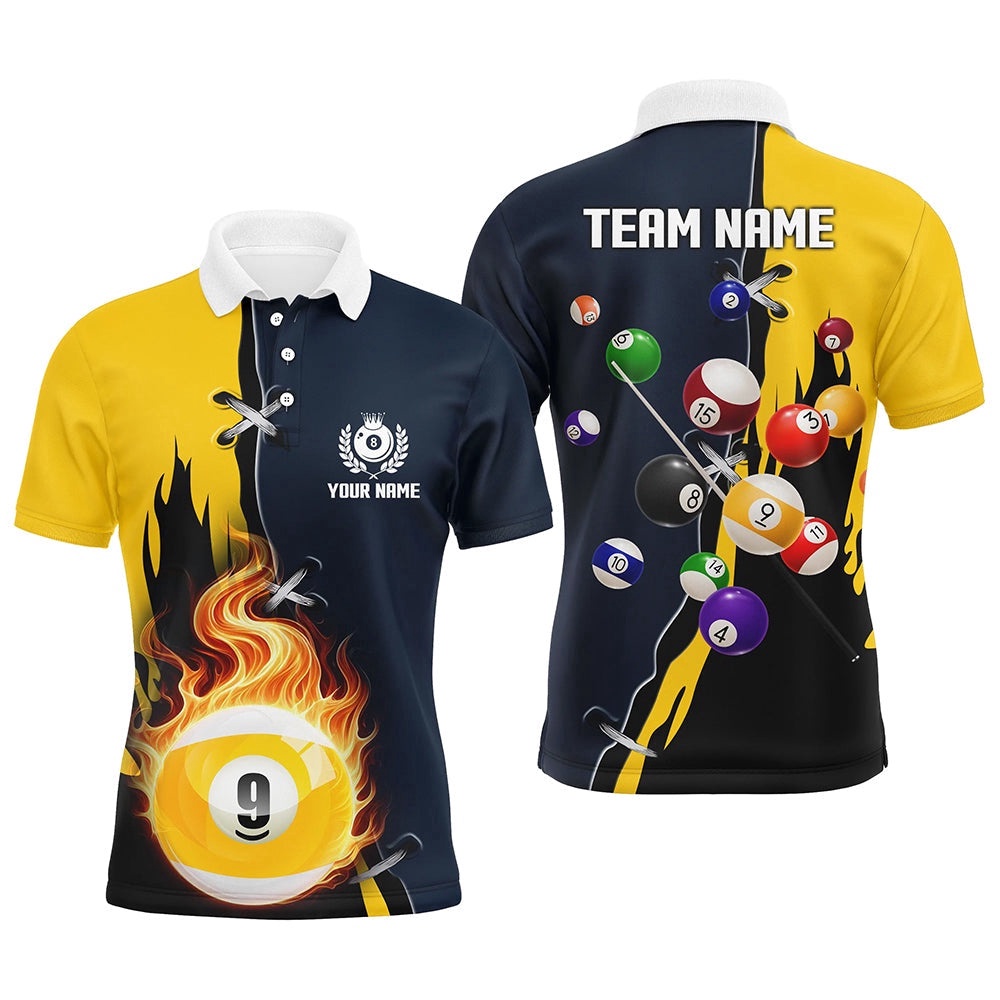 Yellow Navy 9 Ball Pool Polo Polo Shirts Custom Unique Billiard Balls Shirts, Personalized Billiard Polo Shirt