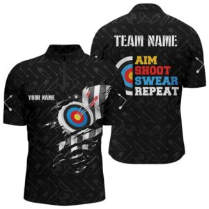 Aim Shoot Swear Repeat Archery Jersey Shirts For Men US Flag Arrow Archery Shirts, Custom Archery Team Shirt