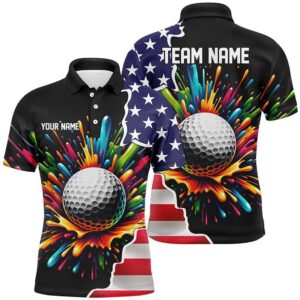 American Flag Black Men’s Golf Polo Shirts Custom Colorful Paint Golf Shirts, Patriot Golf Tops For Men, Golf Polo Shirt, Golf Shirts