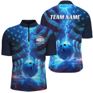 American Flag Bowling Team Jersey, Patriotic Blue Lightning Bowling Tournament Shirts, Custom Bowling Team Jersey Shirt