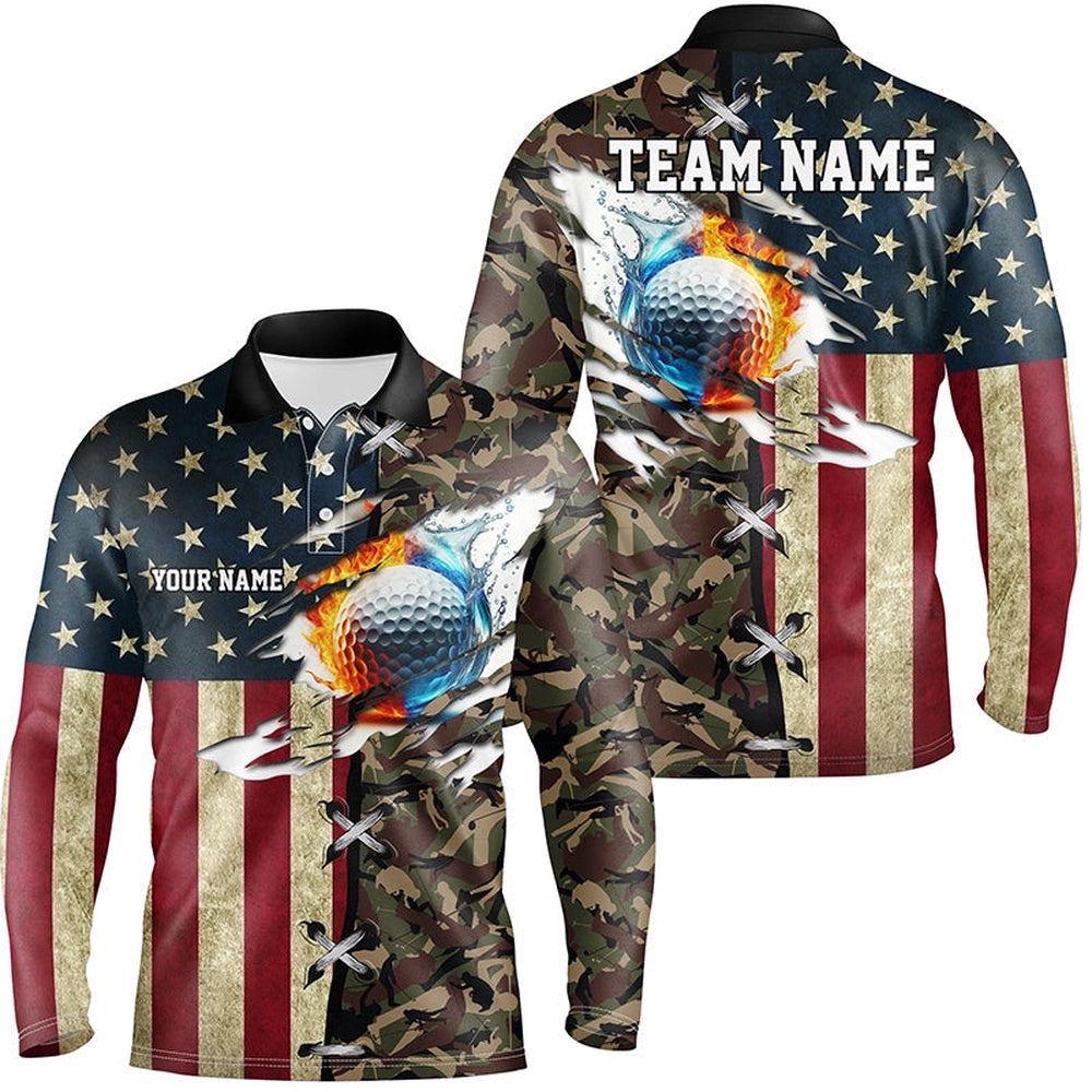 American Flag Camo Men’s Golf Polo Shirts Custom Fire Water Golf Ball Team Golf Shirts, Golf Polo Shirt, Golf Shirts