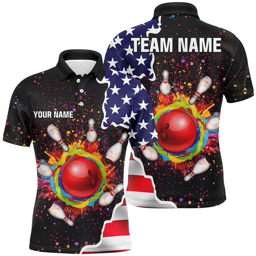 American Flag Colorful Painted Bowling Ball Pins Custom Team League Polo Shirt Bowling Polo Shirts For Men, Personalized Bowling Team Shirt