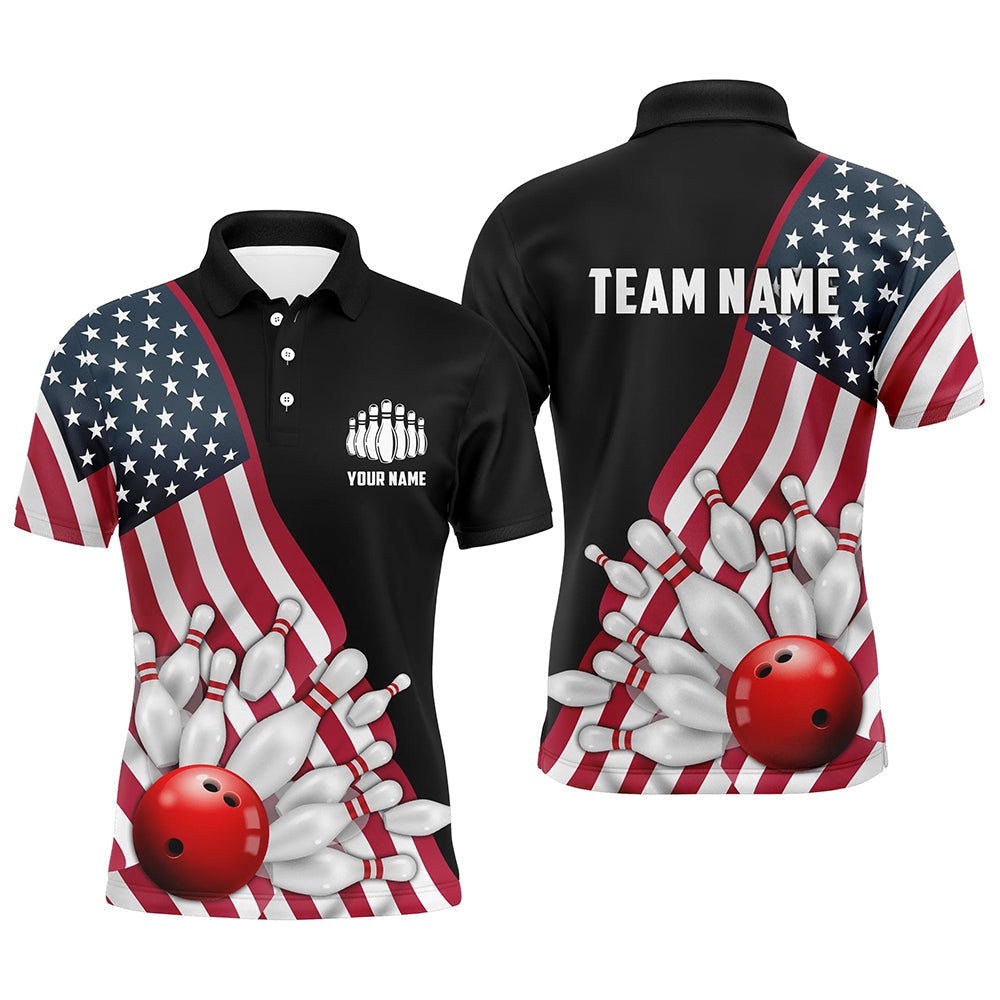 American Flag Custom Men’s Bowling Polo Shirts, Patriotic Strike Bowling Team Polo Shirt, Personalized Bowling Team Shirt