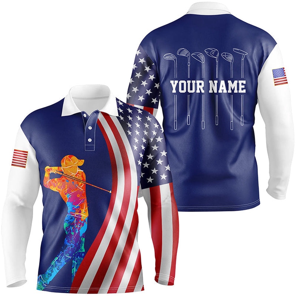 American Flag Golf Clubs Men’s Golf Polo Shirt Custom Watercolor Golf Clothes For Men, Golf Polo Shirt, Golf Shirts