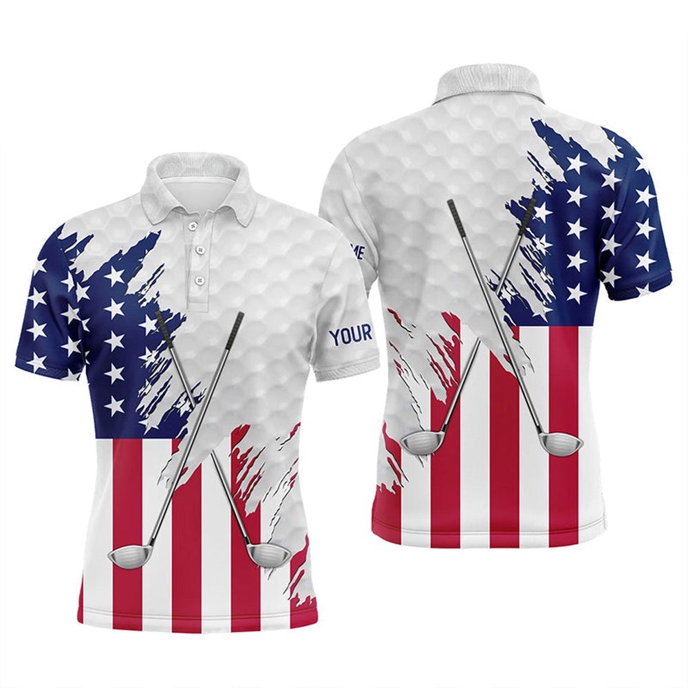 American Flag Golf Clubs Patriotic Custom Name White Men’s Team Men’s Golf Tops, Golf Polo Shirt, Golf Shirts