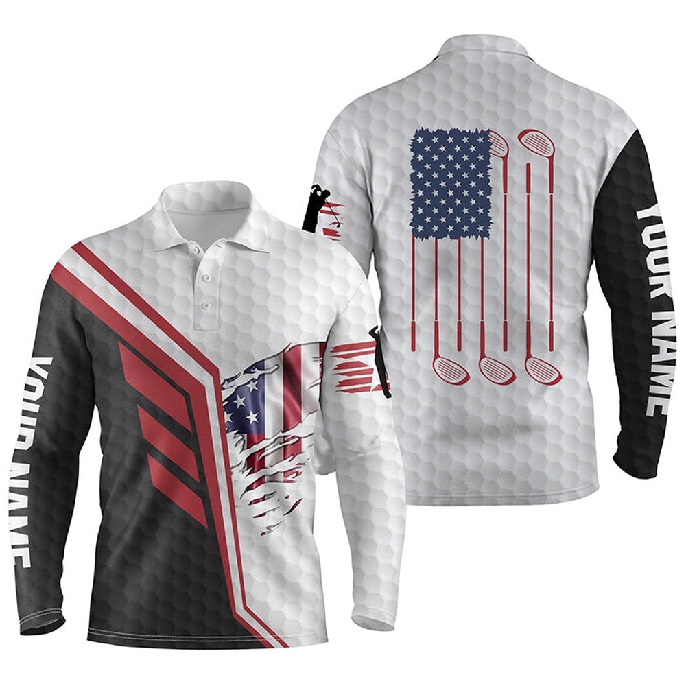 American Flag Golf Clubs White Golf Balls Skin Custom Men Custom Golf Shirts, Golf Polo Shirt, Golf Shirts