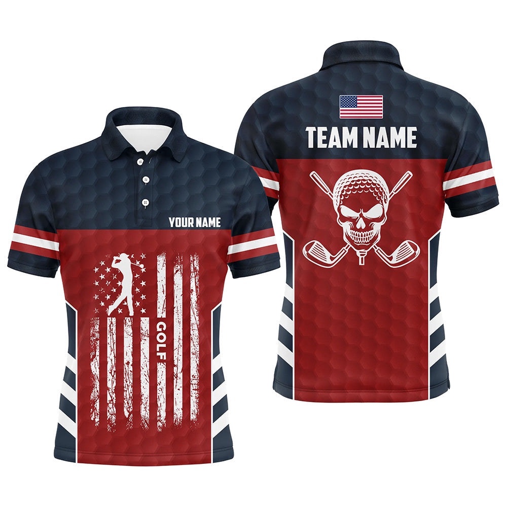American Flag Golf Pattern Men Polo Shirt Custom Skull Patriotic Golf Shirts For Men Golf Gifts, Golf Polo Shirt, Golf Shirts