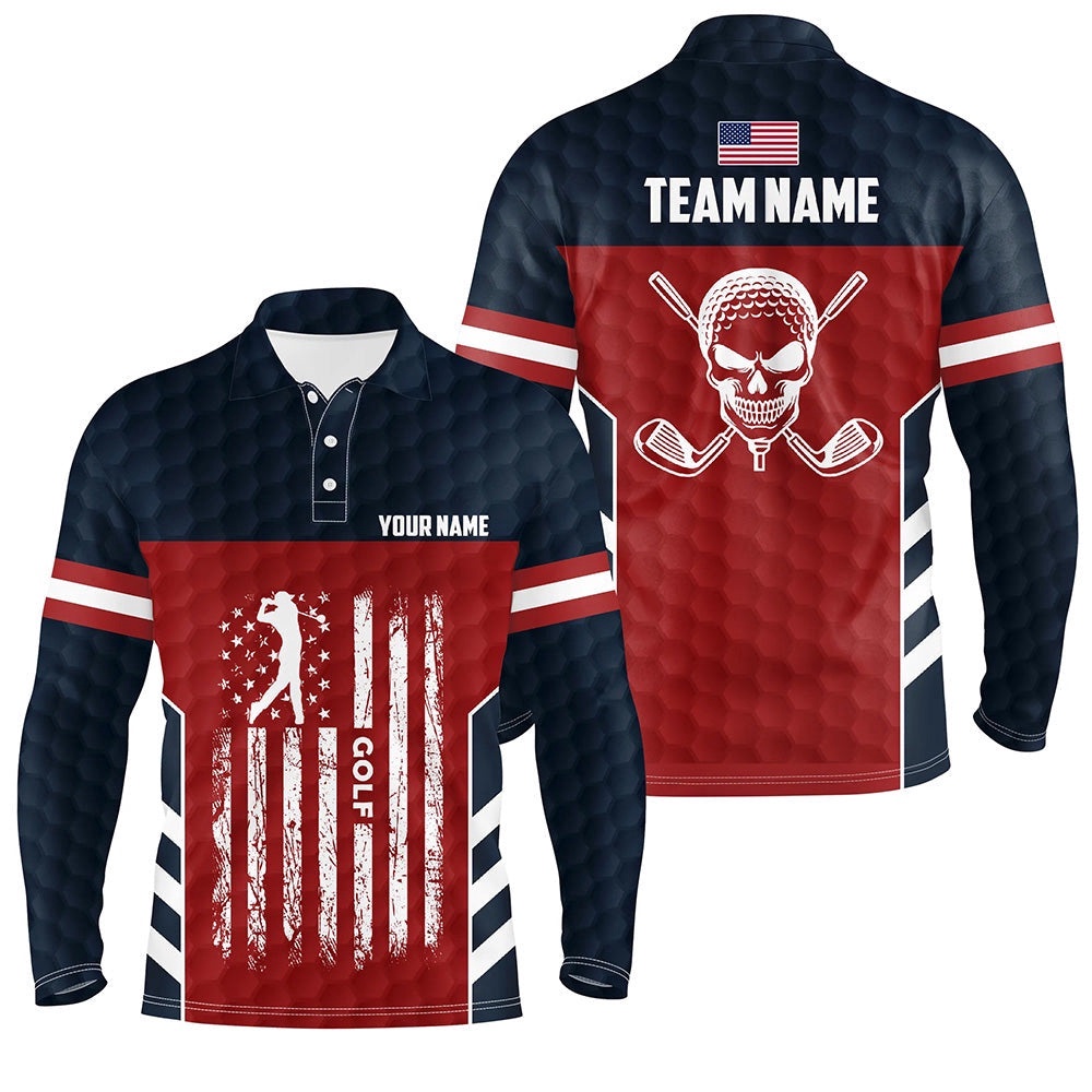 American Flag Golf Pattern Men Polo Shirt Custom Skull Patriotic Golf Shirts For Men Golf Gifts, Golf Polo Shirt, Golf Shirts