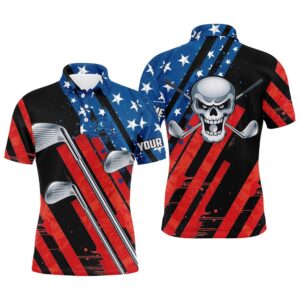 American Flag Golf Skull Patriotic Golf Clubs Black Men Polo Shirts Custom Team Golf Polo Shirt, Golf Polo Shirt, Golf Shirts