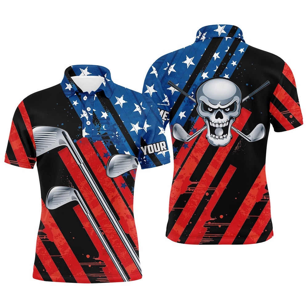 American Flag Golf Skull Patriotic Golf Clubs Black Men Polo Shirts Custom Team Golf Polo Shirt, Golf Polo Shirt, Golf Shirts