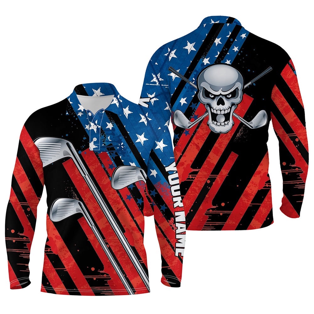 American Flag Golf Skull Patriotic Golf Clubs Black Men Polo Shirts Custom Team Golf Polo Shirt, Golf Polo Shirt, Golf Shirts