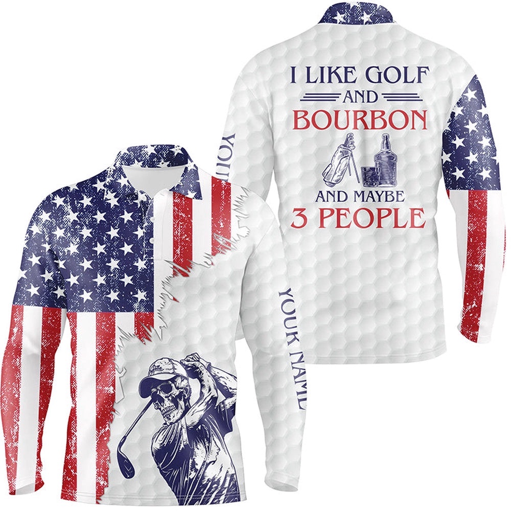 American Flag Patriotic Men’s Golf Polo Shirt Custom Golf Skull I Like Golf & Bourbon & Maybe People, Golf Polo Shirt, Golf Shirts