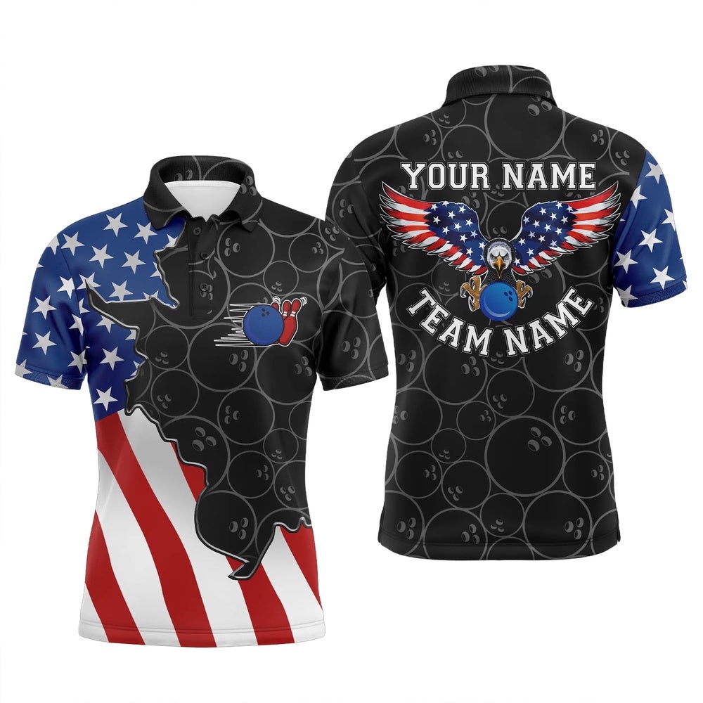 American Flag Patriotic Retro Bowling Polo Shirts For Men Custom Black Pattern Bowling Team Polo Shirt, Personalized Bowling Team Shirt