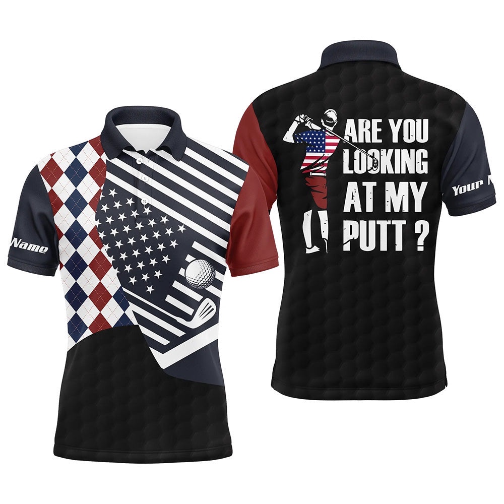 American Flag Red White Blue Argyle Pattern Men’s Golf Polo Shirts Custom Are You Looking At My Putts, Golf Polo Shirt, Golf Shirts