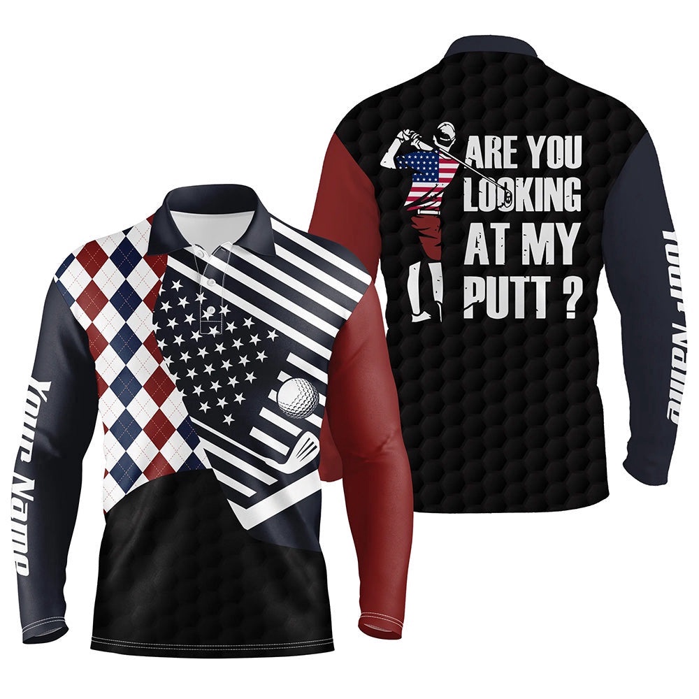 American Flag Red White Blue Argyle Pattern Men’s Golf Polo Shirts Custom Are You Looking At My Putts, Golf Polo Shirt, Golf Shirts