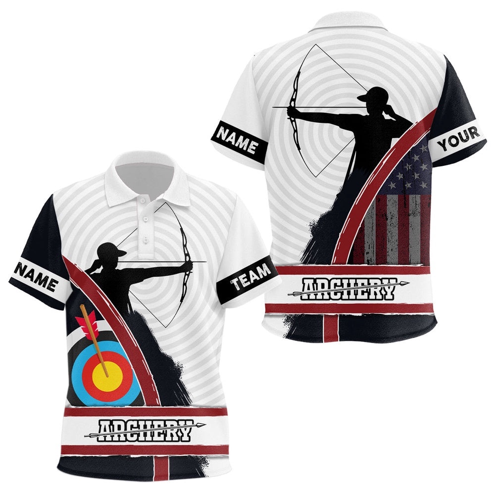 American Flag Silhouette Archery Polo Shirts, Custom Target Archery Shirts, Custom Archery Team Polo Shirt