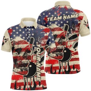 American Flag Skull Bowling Polo Shirt For Men Custom Team Bowling Polo Shirt For Men, Gift For Bowlers, Personalized Bowling Team Shirt