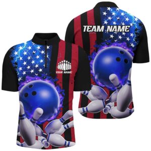American Flag Thunder Lightning Flame Bowling Ball Men And Women Bowling Team Shirts, Custom Bowling Team Jersey Shirt