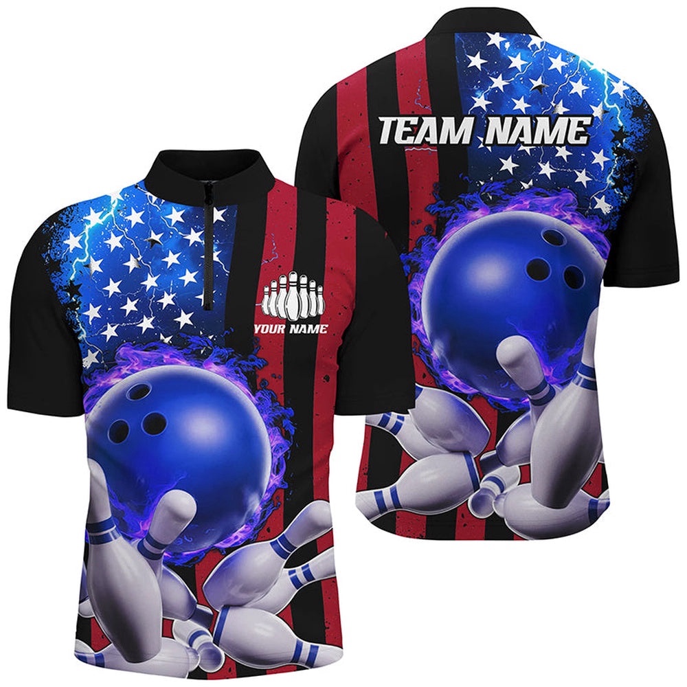 American Flag Thunder Lightning Flame Bowling Ball Men And Women Bowling Team Shirts, Custom Bowling Team Jersey Shirt