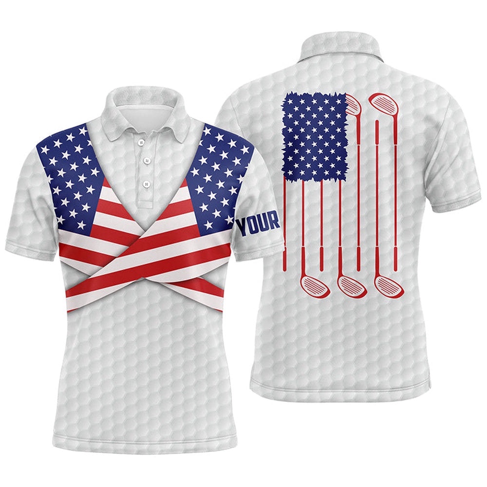 American Flag White Golf Pattern Men’s Polo Shirt Patriotic Golf Shirts For Men Golf Gifts, Golf Polo Shirt, Golf Shirts
