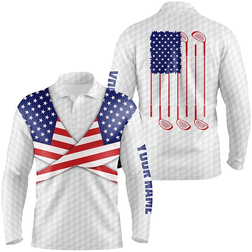 American Flag White Golf Pattern Men’s Polo Shirt Patriotic Golf Shirts For Men Golf Gifts, Golf Polo Shirt, Golf Shirts